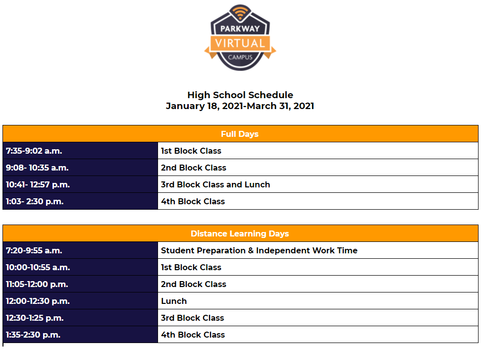 January 18 through March 31 daily schedule 