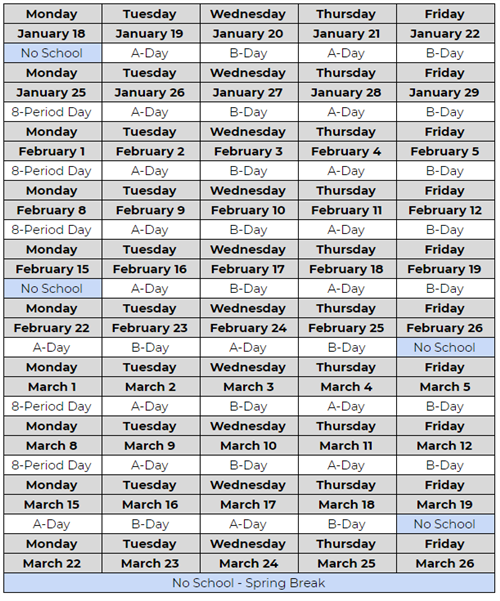 Jan 18-Spring Break A/B Schedule 